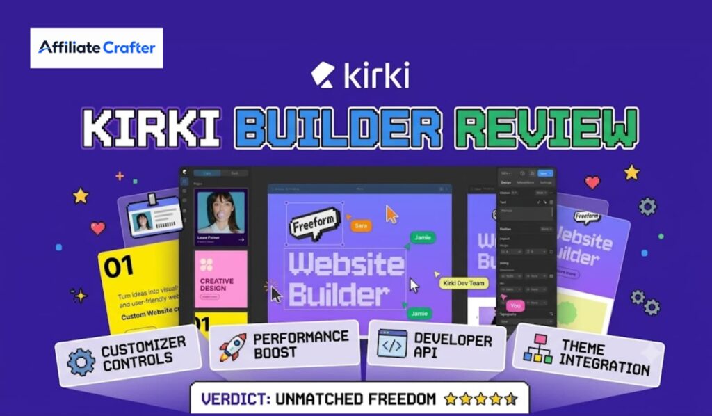 A colorful graphic showcasing the Kirki website builder, featuring tools for customization, performance boost, and developer API, along with a glowing review verdict.
