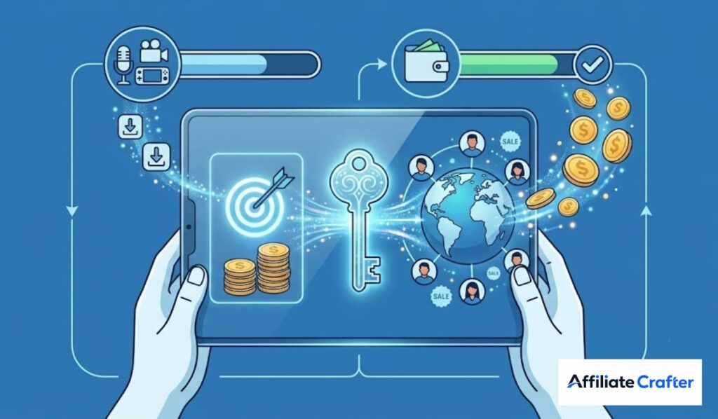 Illustration of hands holding a tablet displaying icons related to digital marketing, finance, and global connectivity, symbolizing online business strategies.