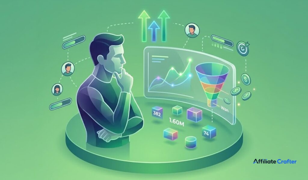 Illustration of a person analyzing graphs and data metrics, with icons representing growth and performance indicators.